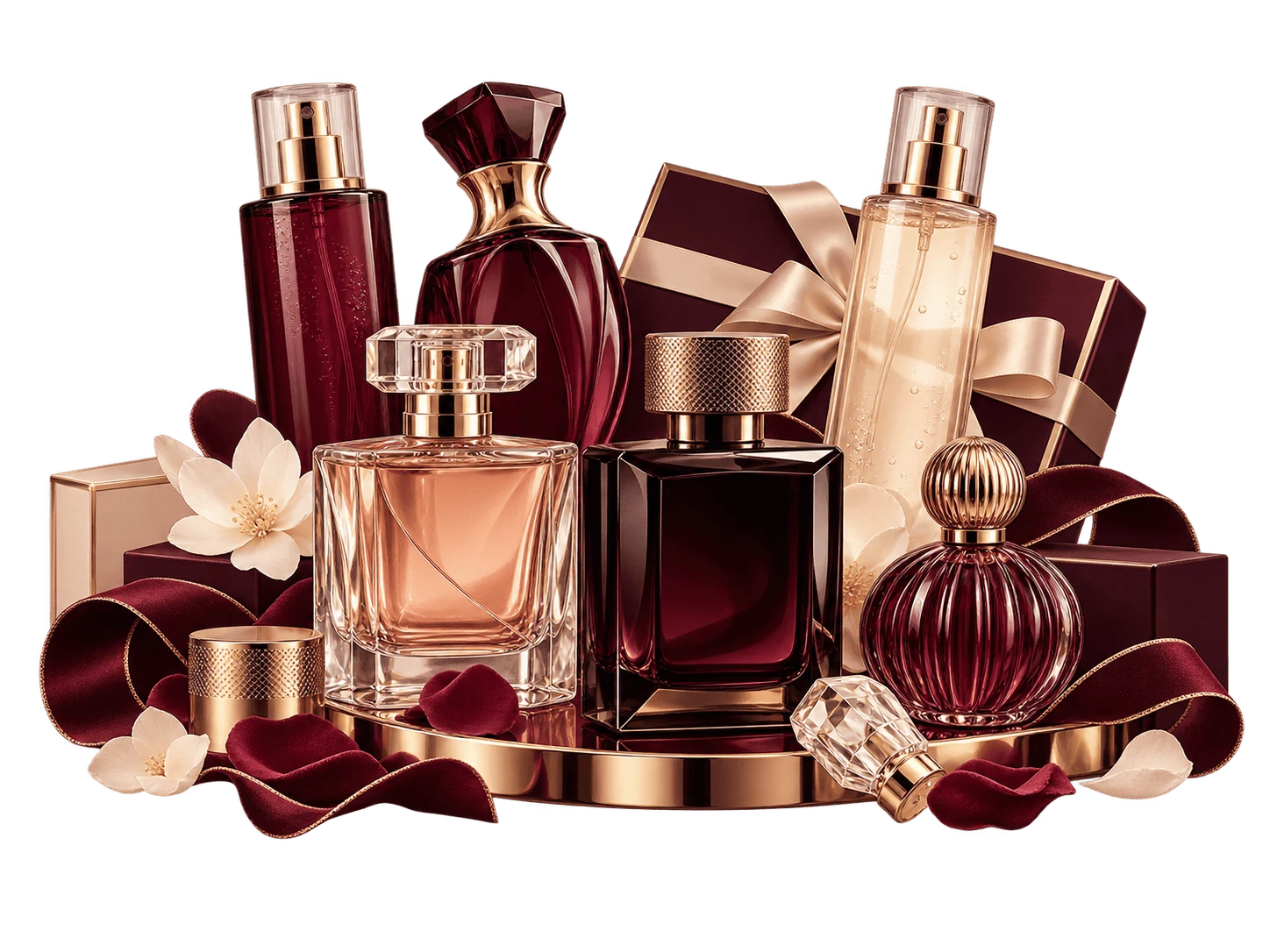 Composição de frascos de perfumes em tons vinho, rosé e dourado, com caixas de presente, fitas e flores